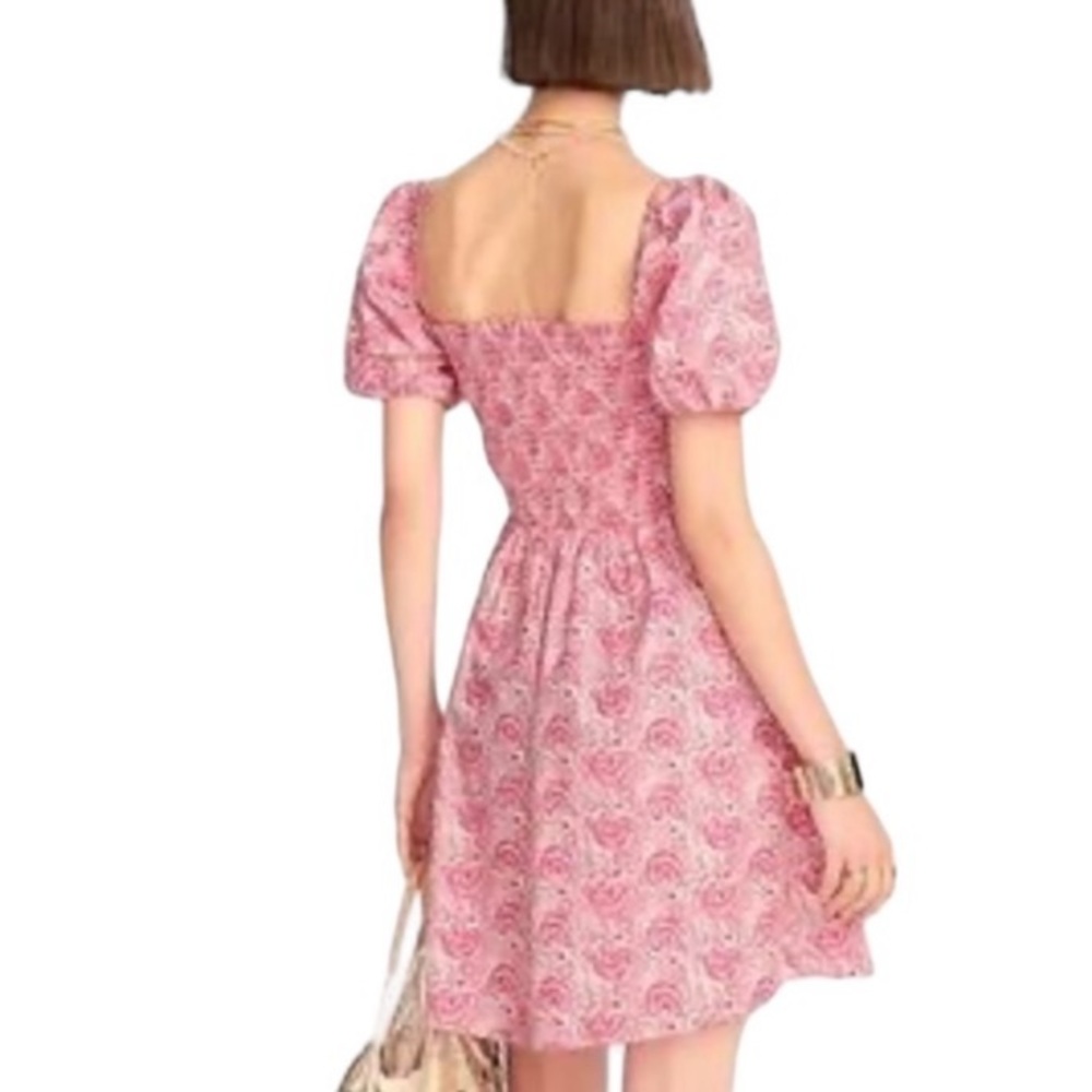 J Crew Puff Sleeve Smocked Mini Dress in Dandelion Swirl Pink/White Sz M - Picture 2 of 14